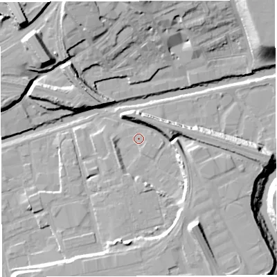 Shaded relief map of the ground around BS20UA, computed from Environment Agency LiDAR. The ground here sits at about 9 m above sea level and falls 20 m across the surrounding 800 m. Surface water reaching this point runs off ground lying to the east-south-east, 1.1 m higher.