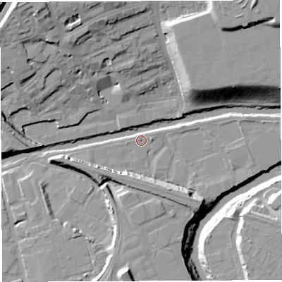Shaded relief map of the ground around BS20UB, computed from Environment Agency LiDAR. The ground here sits at about 8 m above sea level and falls 24 m across the surrounding 800 m. Surface water reaching this point runs off ground lying to the east-north-east, 3.9 m higher.