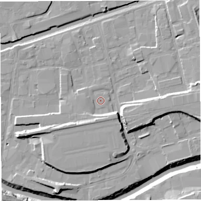Shaded relief map of the ground around BS20UD, computed from Environment Agency LiDAR. The ground here sits at about 9 m above sea level and falls 20 m across the surrounding 800 m. Surface water reaching this point runs off ground lying to the south-west, 2.7 m higher.