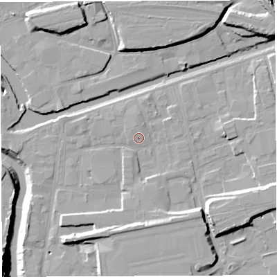 Shaded relief map of the ground around BS20UH, computed from Environment Agency LiDAR. The ground here sits at about 9 m above sea level and falls 24 m across the surrounding 800 m. Surface water reaching this point runs off ground lying to the south-south-west, 1.8 m higher.