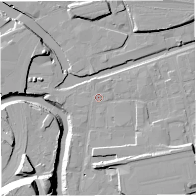 Shaded relief map of the ground around BS20UJ, computed from Environment Agency LiDAR. The ground here sits at about 9 m above sea level and falls 39 m across the surrounding 800 m. Surface water reaching this point runs off ground lying to the north-north-east, 1.5 m higher.