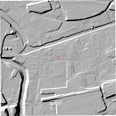 Shaded relief map of the ground around BS20UL, computed from Environment Agency LiDAR. The ground here sits at about 9 m above sea level and falls 36 m across the surrounding 800 m. Surface water reaching this point runs off ground lying to the north-east, 0.9 m higher.