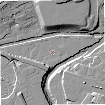 Shaded relief map of the ground around BS20UQ, computed from Environment Agency LiDAR. The ground here sits at about 9 m above sea level and falls 25 m across the surrounding 800 m. Surface water reaching this point runs off ground lying to the north-east, 1.6 m higher.