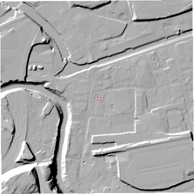 Shaded relief map of the ground around BS20UT, computed from Environment Agency LiDAR. The ground here sits at about 9 m above sea level and falls 42 m across the surrounding 800 m. Surface water reaching this point runs off ground lying to the south-south-east, 0.6 m higher.