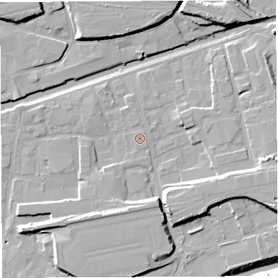 Shaded relief map of the ground around BS20UW, computed from Environment Agency LiDAR. The ground here sits at about 9 m above sea level and falls 14 m across the surrounding 800 m. The ground contributing surface water to this point lies to the north-east.