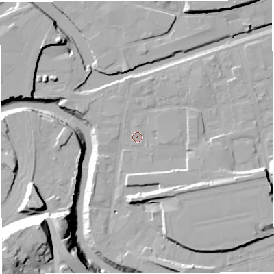 Shaded relief map of the ground around BS20UX, computed from Environment Agency LiDAR. The ground here sits at about 9 m above sea level and falls 43 m across the surrounding 800 m. Surface water reaching this point runs off ground lying to the north-north-east, 1.8 m higher.