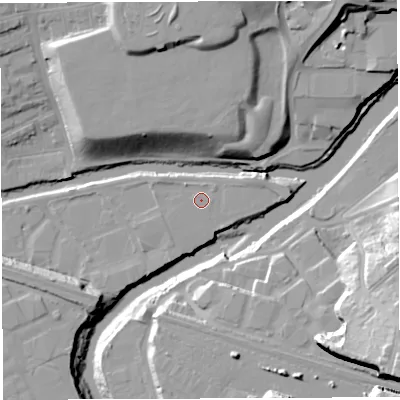 Shaded relief map of the ground around BS20UY, computed from Environment Agency LiDAR. The ground here sits at about 9 m above sea level and falls 33 m across the surrounding 800 m. Surface water reaching this point runs off ground lying to the west-north-west, 1.2 m higher.