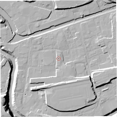 Shaded relief map of the ground around BS20UZ, computed from Environment Agency LiDAR. The ground here sits at about 10 m above sea level and falls 28 m across the surrounding 800 m. Surface water reaching this point runs off ground lying to the north-north-west, 1.4 m higher.