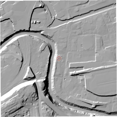 Shaded relief map of the ground around BS20XA, computed from Environment Agency LiDAR. The ground here sits at about 9 m above sea level and falls 45 m across the surrounding 800 m. Surface water reaching this point runs off ground lying to the south-west, 0.9 m higher.