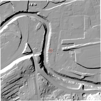 Shaded relief map of the ground around BS20XD, computed from Environment Agency LiDAR. The ground here sits at about 8 m above sea level and falls 46 m across the surrounding 800 m. Surface water reaching this point runs off ground lying to the east, 9.1 m higher.