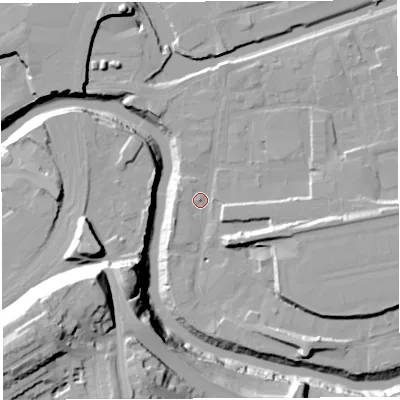 Shaded relief map of the ground around BS20XG, computed from Environment Agency LiDAR. The ground here sits at about 9 m above sea level and falls 45 m across the surrounding 800 m. Surface water reaching this point runs off ground lying to the east, 3.5 m higher.