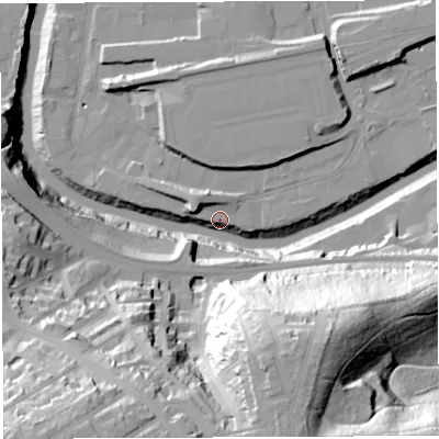 Shaded relief map of the ground around BS20XH, computed from Environment Agency LiDAR. The ground here sits at about 9 m above sea level and falls 59 m across the surrounding 800 m. Surface water reaching this point runs off ground lying to the west-north-west, 12.5 m higher.