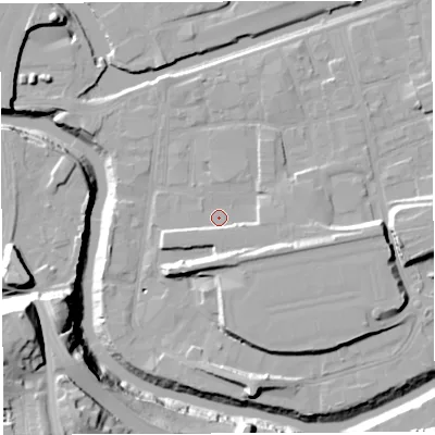 Shaded relief map of the ground around BS20XJ, computed from Environment Agency LiDAR. The ground here sits at about 9 m above sea level and falls 37 m across the surrounding 800 m. Surface water reaching this point runs off ground lying to the east-south-east, 2.9 m higher.