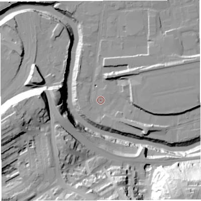 Shaded relief map of the ground around BS20XQ, computed from Environment Agency LiDAR. The ground here sits at about 8 m above sea level and falls 58 m across the surrounding 800 m. Surface water reaching this point runs off ground lying to the north-north-east, 7.2 m higher.
