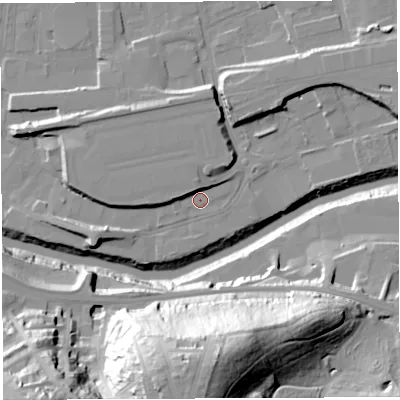Shaded relief map of the ground around BS20XS, computed from Environment Agency LiDAR. The ground here sits at about 9 m above sea level and falls 58 m across the surrounding 800 m. Surface water reaching this point runs off ground lying to the west, 4.6 m higher.