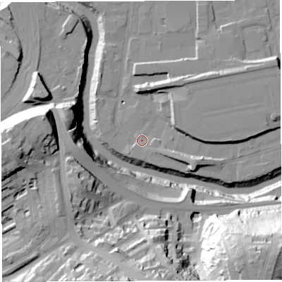 Shaded relief map of the ground around BS20XT, computed from Environment Agency LiDAR. The ground here sits at about 9 m above sea level and falls 59 m across the surrounding 800 m. Surface water reaching this point runs off ground lying to the north, 7.0 m higher.
