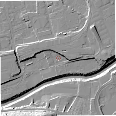 Shaded relief map of the ground around BS20YA, computed from Environment Agency LiDAR. The ground here sits at about 9 m above sea level and falls 32 m across the surrounding 800 m. Surface water reaching this point runs off ground lying to the north-east, 6.5 m higher.