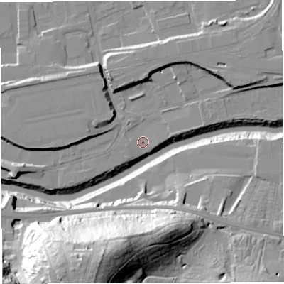 Shaded relief map of the ground around BS20YB, computed from Environment Agency LiDAR. The ground here sits at about 8 m above sea level and falls 58 m across the surrounding 800 m. Surface water reaching this point runs off ground lying to the north-north-west, 8.1 m higher.