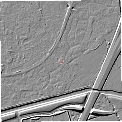 Shaded relief map of the ground around BS215AB, computed from Environment Agency LiDAR. The ground here sits at about 6 m above sea level and falls 10 m across the surrounding 800 m. The ground contributing surface water to this point lies to the west-north-west.