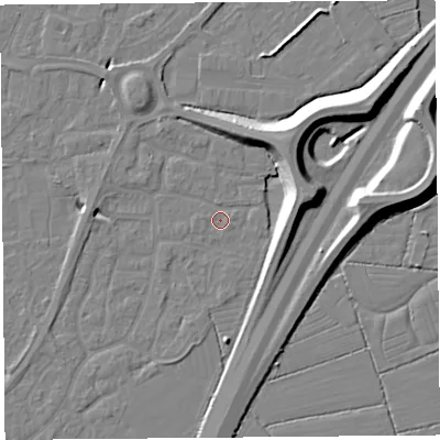 Shaded relief map of the ground around BS215AD, computed from Environment Agency LiDAR. The ground here sits at about 6 m above sea level and falls 11 m across the surrounding 800 m. Surface water reaching this point runs off ground lying to the north-north-east, 9.4 m higher.