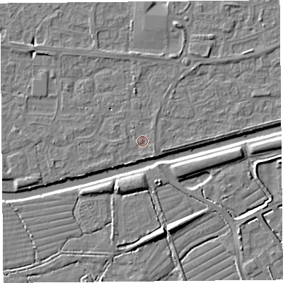 Shaded relief map of the ground around BS215AE, computed from Environment Agency LiDAR. The ground here sits at about 6 m above sea level and falls 8 m across the surrounding 800 m. Surface water reaching this point runs off ground lying to the south-east, 1.0 m higher.