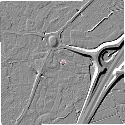 Shaded relief map of the ground around BS215AF, computed from Environment Agency LiDAR. The ground here sits at about 6 m above sea level and falls 11 m across the surrounding 800 m. Surface water reaching this point runs off ground lying to the east-north-east, 9.4 m higher.
