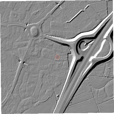 Shaded relief map of the ground around BS215AG, computed from Environment Agency LiDAR. The ground here sits at about 6 m above sea level and falls 11 m across the surrounding 800 m. Surface water reaching this point runs off ground lying to the north-east, 9.4 m higher.