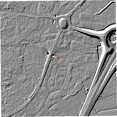 Shaded relief map of the ground around BS215AH, computed from Environment Agency LiDAR. The ground here sits at about 6 m above sea level and falls 11 m across the surrounding 800 m. Surface water reaching this point runs off ground lying to the west-north-west, 3.8 m higher.