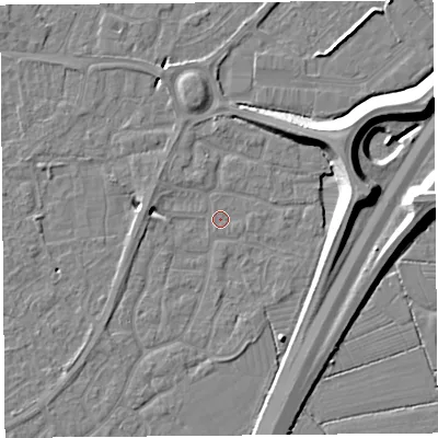 Shaded relief map of the ground around BS215AJ, computed from Environment Agency LiDAR. The ground here sits at about 6 m above sea level and falls 11 m across the surrounding 800 m. Surface water reaching this point runs off ground lying to the west, 3.8 m higher.