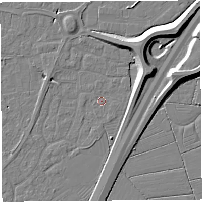 Shaded relief map of the ground around BS215AL, computed from Environment Agency LiDAR. The ground here sits at about 6 m above sea level and falls 11 m across the surrounding 800 m. Surface water reaching this point runs off ground lying to the south-south-west, 1.0 m higher.