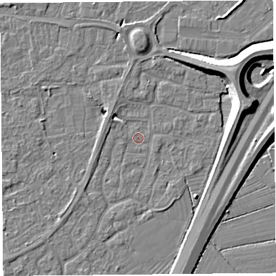Shaded relief map of the ground around BS215AN, computed from Environment Agency LiDAR. The ground here sits at about 6 m above sea level and falls 11 m across the surrounding 800 m. Surface water reaching this point runs off ground lying to the west-north-west, 1.6 m higher.