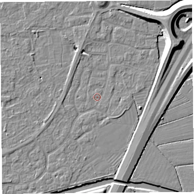 Shaded relief map of the ground around BS215AP, computed from Environment Agency LiDAR. The ground here sits at about 6 m above sea level and falls 11 m across the surrounding 800 m. Surface water reaching this point runs off ground lying to the north-north-west, 1.6 m higher.