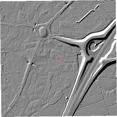 Shaded relief map of the ground around BS215AQ, computed from Environment Agency LiDAR. The ground here sits at about 6 m above sea level and falls 11 m across the surrounding 800 m. Surface water reaching this point runs off ground lying to the north-east, 9.4 m higher.
