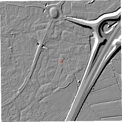 Shaded relief map of the ground around BS215AR, computed from Environment Agency LiDAR. The ground here sits at about 6 m above sea level and falls 11 m across the surrounding 800 m. Surface water reaching this point runs off ground lying to the west-north-west, 1.6 m higher.