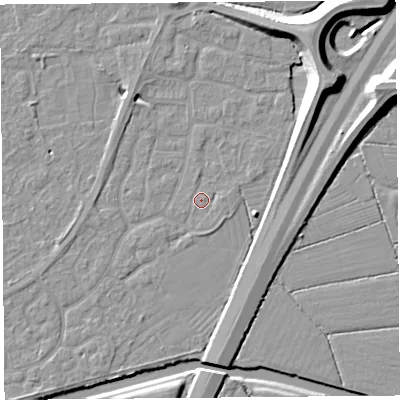 Shaded relief map of the ground around BS215AS, computed from Environment Agency LiDAR. The ground here sits at about 6 m above sea level and falls 11 m across the surrounding 800 m. Surface water reaching this point runs off ground lying to the east, 1.0 m higher.