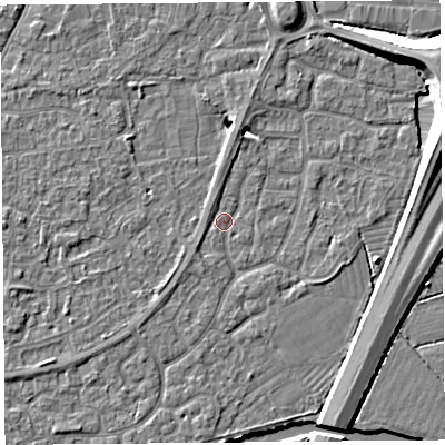 Shaded relief map of the ground around BS215AT, computed from Environment Agency LiDAR. The ground here sits at about 6 m above sea level and falls 10 m across the surrounding 800 m. Surface water reaching this point runs off ground lying to the north, 1.6 m higher.