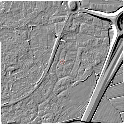 Shaded relief map of the ground around BS215AU, computed from Environment Agency LiDAR. The ground here sits at about 6 m above sea level and falls 11 m across the surrounding 800 m. Surface water reaching this point runs off ground lying to the north-north-west, 1.6 m higher.