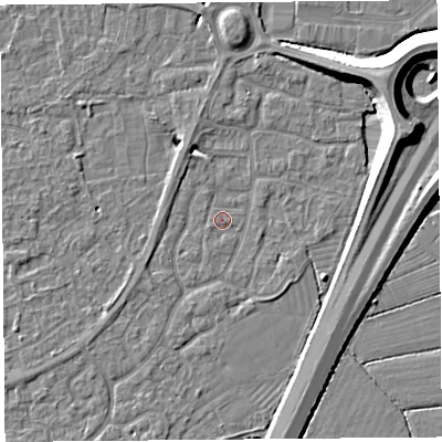 Shaded relief map of the ground around BS215AW, computed from Environment Agency LiDAR. The ground here sits at about 6 m above sea level and falls 11 m across the surrounding 800 m. Surface water reaching this point runs off ground lying to the north-north-west, 1.6 m higher.