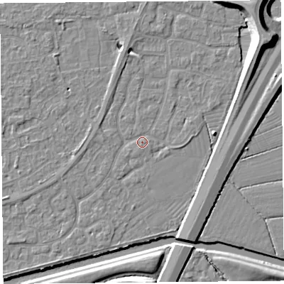 Shaded relief map of the ground around BS215AX, computed from Environment Agency LiDAR. The ground here sits at about 6 m above sea level and falls 11 m across the surrounding 800 m. Surface water reaching this point runs off ground lying to the north-north-west, 1.6 m higher.