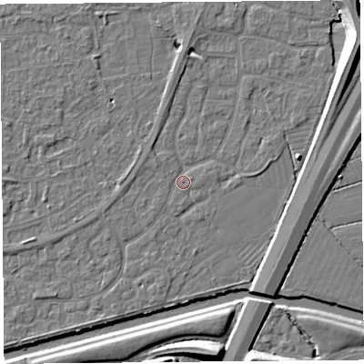 Shaded relief map of the ground around BS215AY, computed from Environment Agency LiDAR. The ground here sits at about 6 m above sea level and falls 10 m across the surrounding 800 m. Surface water reaching this point runs off ground lying to the west, 1.2 m higher.