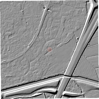 Shaded relief map of the ground around BS215AZ, computed from Environment Agency LiDAR. The ground here sits at about 6 m above sea level and falls 11 m across the surrounding 800 m. Surface water reaching this point runs off ground lying to the west-south-west, 0.8 m higher.
