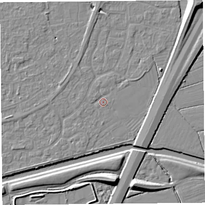 Shaded relief map of the ground around BS215BA, computed from Environment Agency LiDAR. The ground here sits at about 6 m above sea level and falls 11 m across the surrounding 800 m. Surface water reaching this point runs off ground lying to the west-south-west, 0.8 m higher.