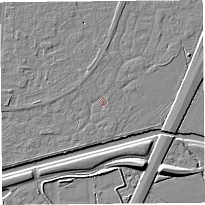 Shaded relief map of the ground around BS215BB, computed from Environment Agency LiDAR. The ground here sits at about 6 m above sea level and falls 10 m across the surrounding 800 m. Surface water reaching this point runs off ground lying to the south-south-west, 1.1 m higher.