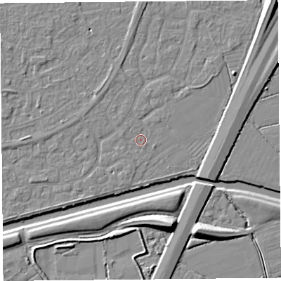 Shaded relief map of the ground around BS215BD, computed from Environment Agency LiDAR. The ground here sits at about 6 m above sea level and falls 10 m across the surrounding 800 m. Surface water reaching this point runs off ground lying to the south-west, 1.1 m higher.