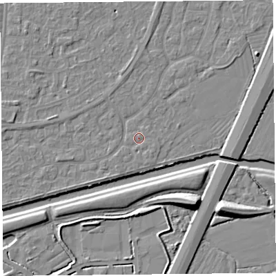 Shaded relief map of the ground around BS215BE, computed from Environment Agency LiDAR. The ground here sits at about 6 m above sea level and falls 10 m across the surrounding 800 m. Surface water reaching this point runs off ground lying to the east-south-east, 0.6 m higher.