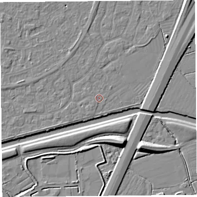 Shaded relief map of the ground around BS215BG, computed from Environment Agency LiDAR. The ground here sits at about 6 m above sea level and falls 10 m across the surrounding 800 m. Surface water reaching this point runs off ground lying to the west-south-west, 1.1 m higher.