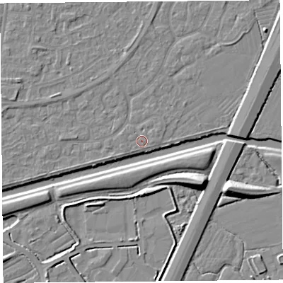 Shaded relief map of the ground around BS215BH, computed from Environment Agency LiDAR. The ground here sits at about 6 m above sea level and falls 10 m across the surrounding 800 m. Surface water reaching this point runs off ground lying to the west-south-west, 0.9 m higher.