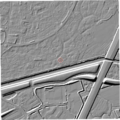 Shaded relief map of the ground around BS215BJ, computed from Environment Agency LiDAR. The ground here sits at about 6 m above sea level and falls 10 m across the surrounding 800 m. Surface water reaching this point runs off ground lying to the north, 0.7 m higher.