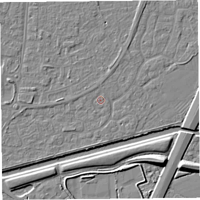 Shaded relief map of the ground around BS215BL, computed from Environment Agency LiDAR. The ground here sits at about 6 m above sea level and falls 10 m across the surrounding 800 m. Surface water reaching this point runs off ground lying to the north-north-west, 0.9 m higher.