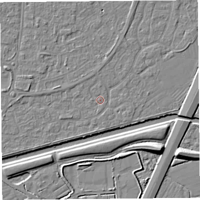 Shaded relief map of the ground around BS215BN, computed from Environment Agency LiDAR. The ground here sits at about 6 m above sea level and falls 10 m across the surrounding 800 m. Surface water reaching this point runs off ground lying to the south-south-east, 1.1 m higher.